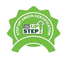 Green circular badge with jagged edges containing the text